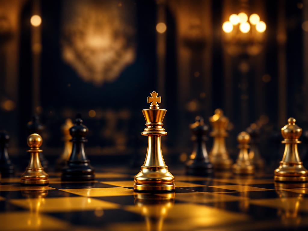 Elegant golden king on a chessboard in a dark luxury tournament hall